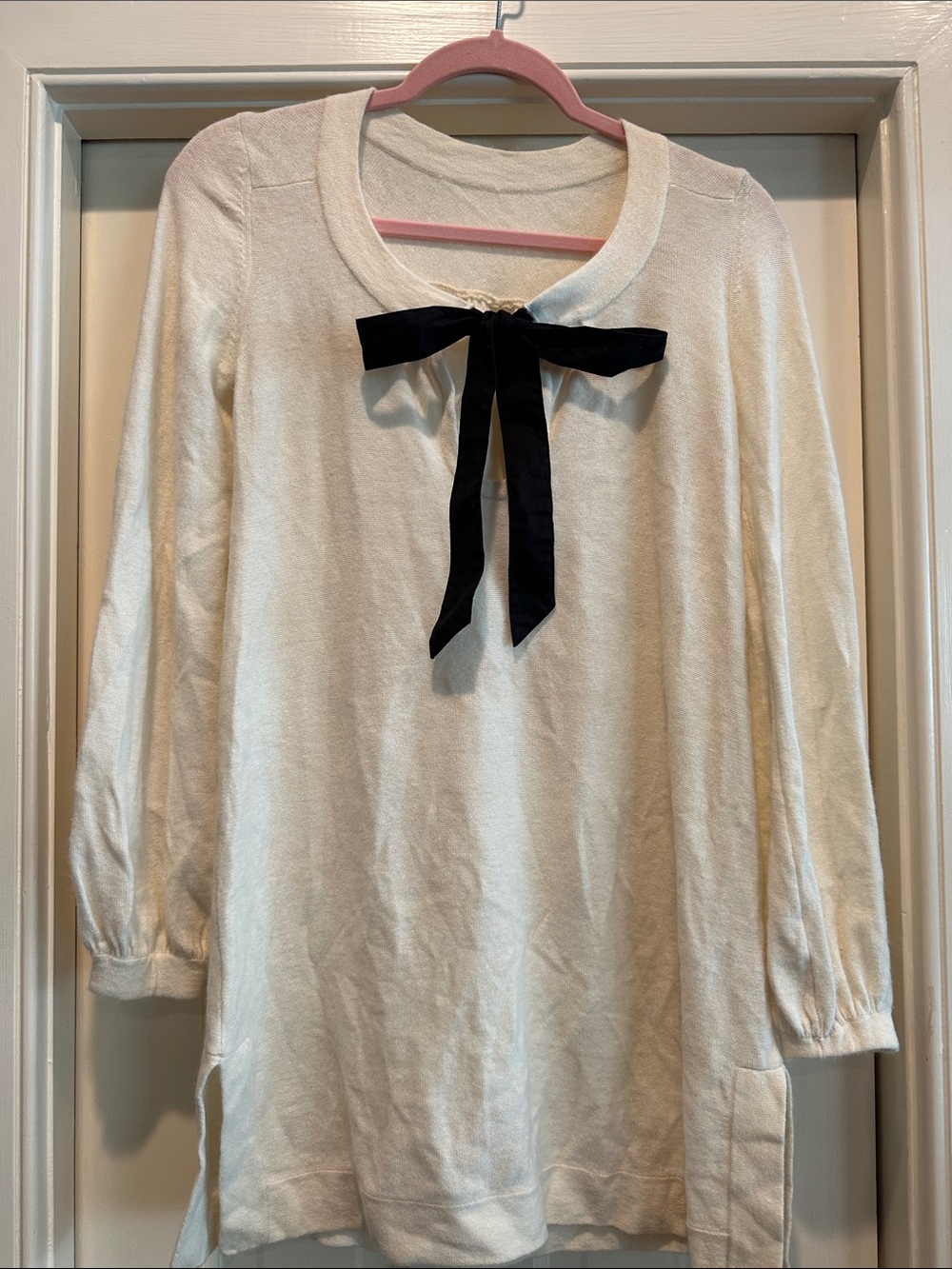Plenty by Tracy Reese Ivory Long Sleeve Sweater Tunic with Black Bow